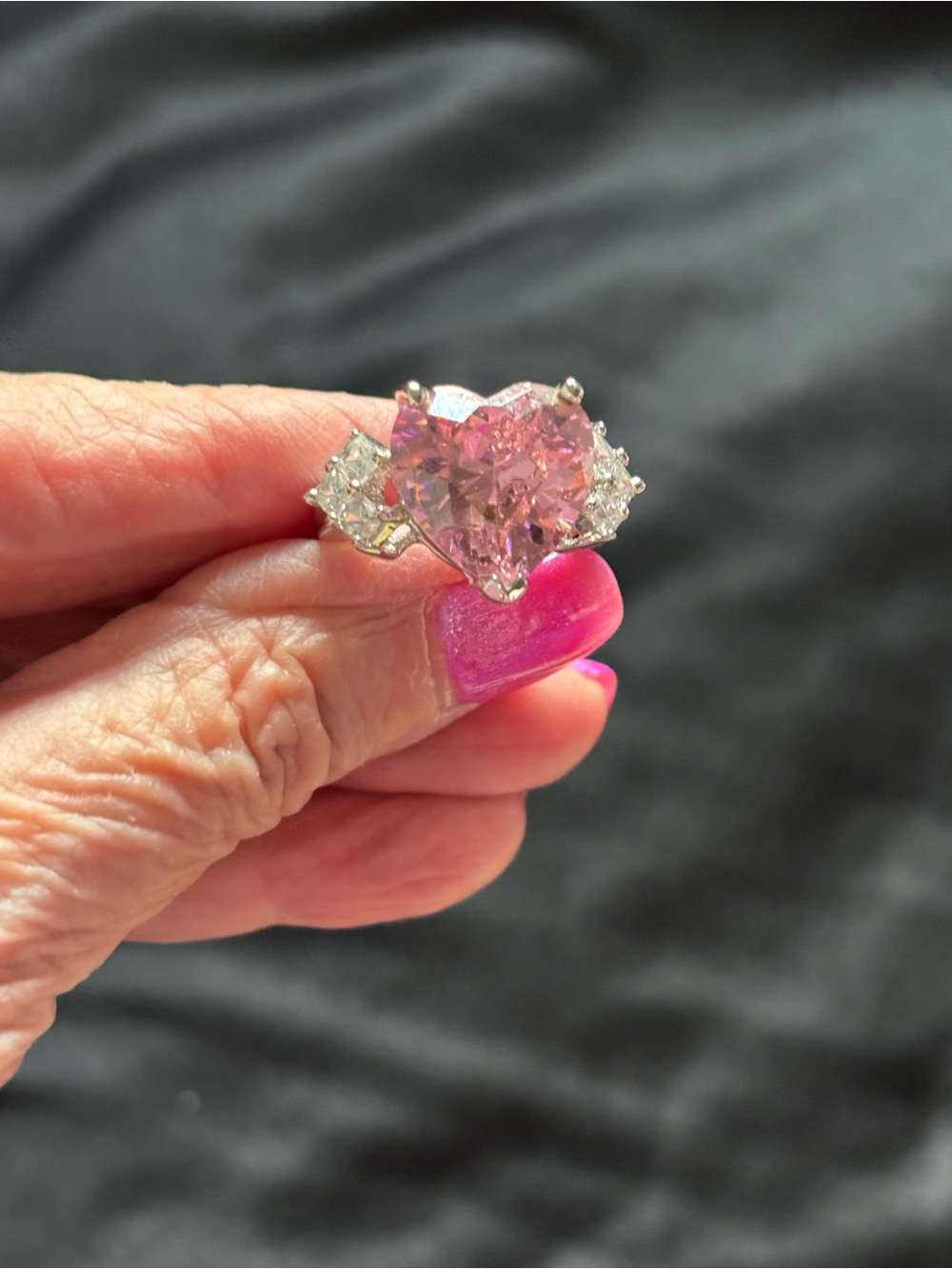 Pink Heart-Cut Crystal Ring with Sparkling Side Stones